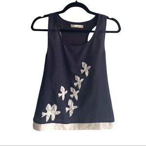 Comme TOI Sleeveless Racerback Tank Top Blouse Birds Doves Navy Blue Cream S